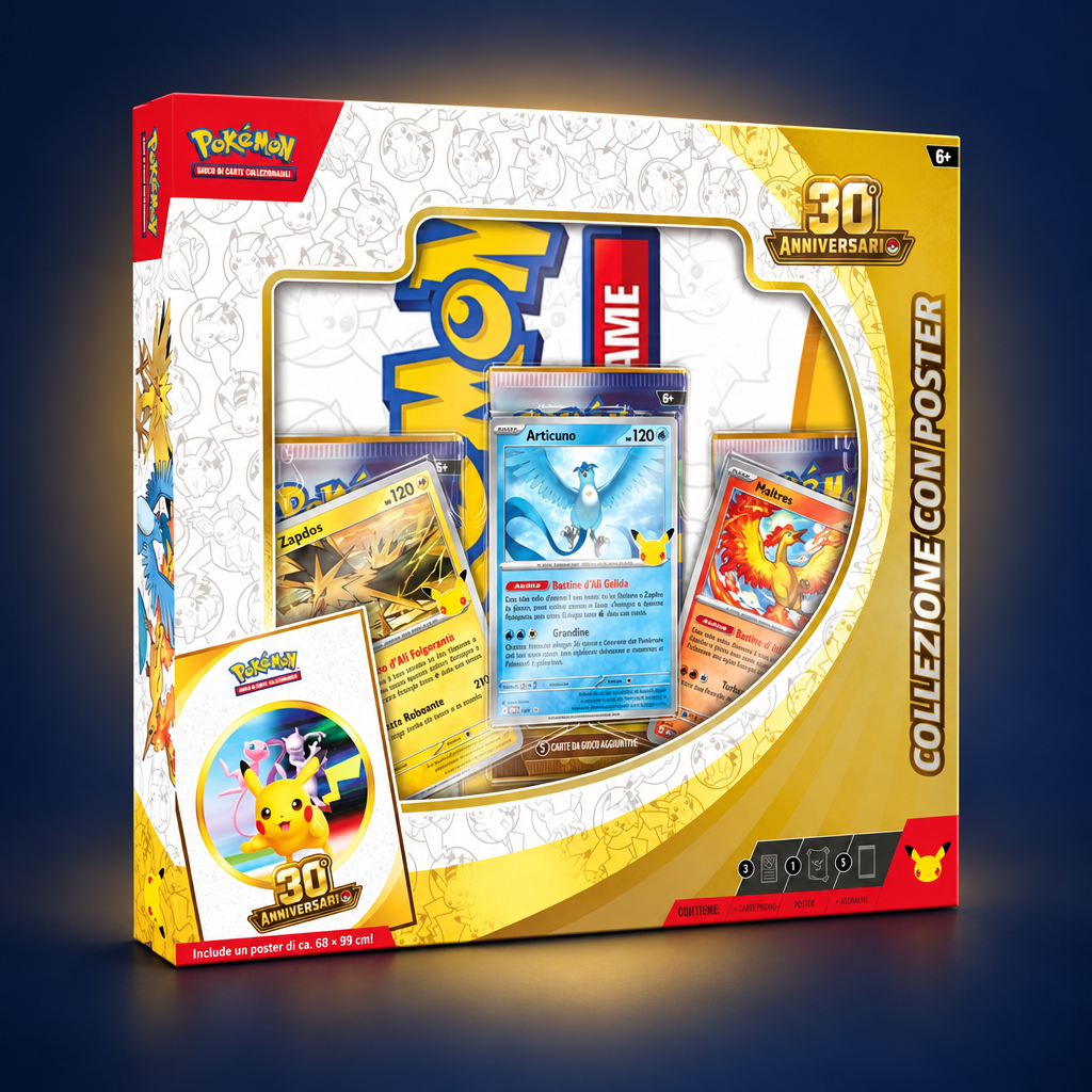 Collezione Pokémon 30° anniversario con sfondo blu notte e oro