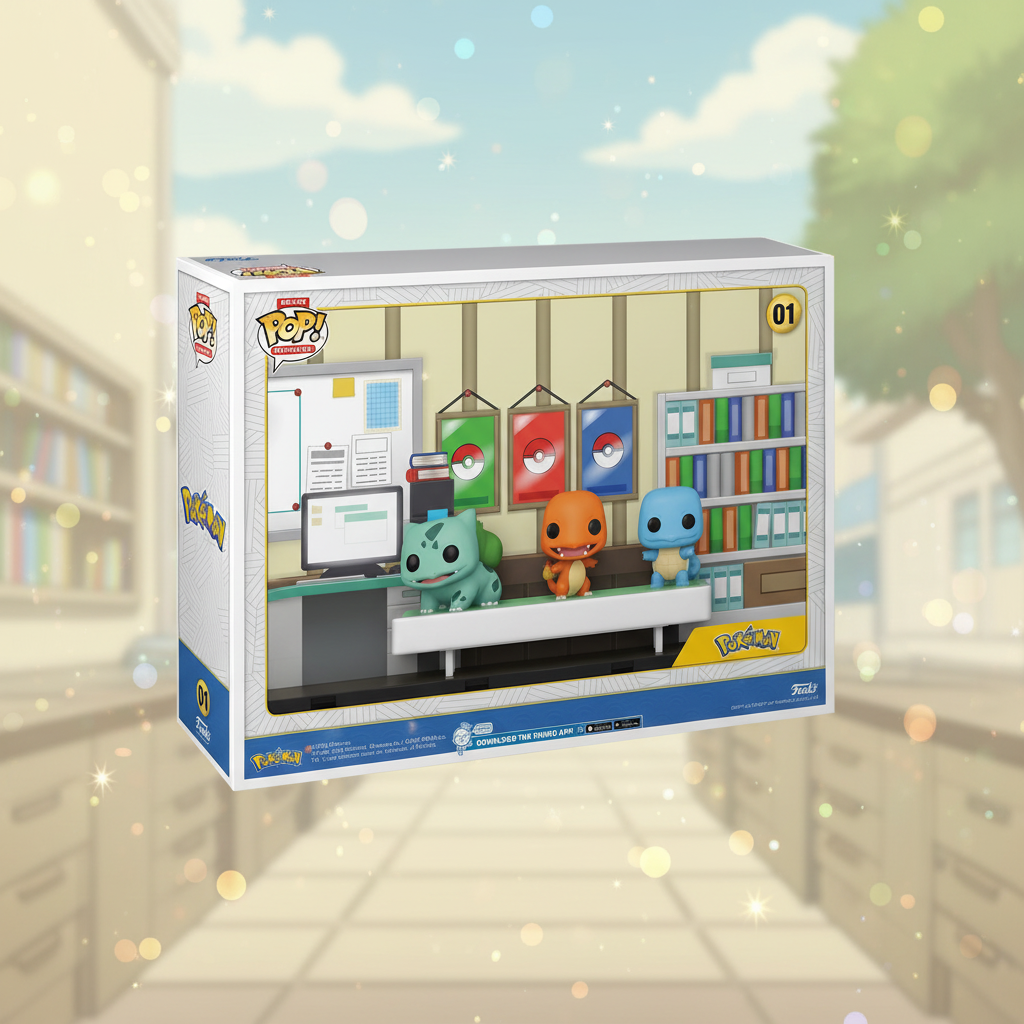 Funko Pop Pokémon vista frontale con sfondo anime