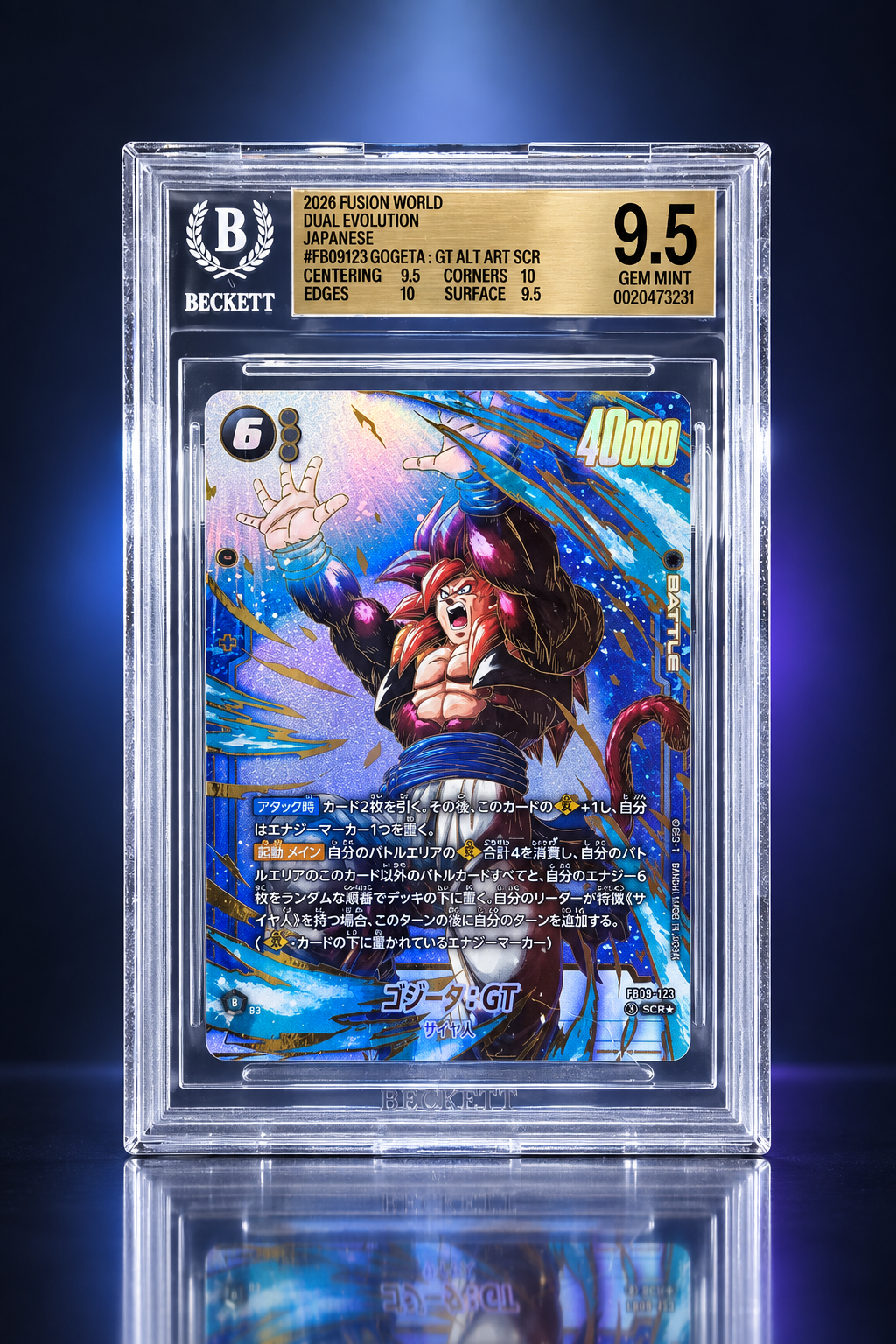 Carta Dragon Ball Son Goku GT BT09-123 graduata Beckett BGS 9.5 su sfondo studio scuro