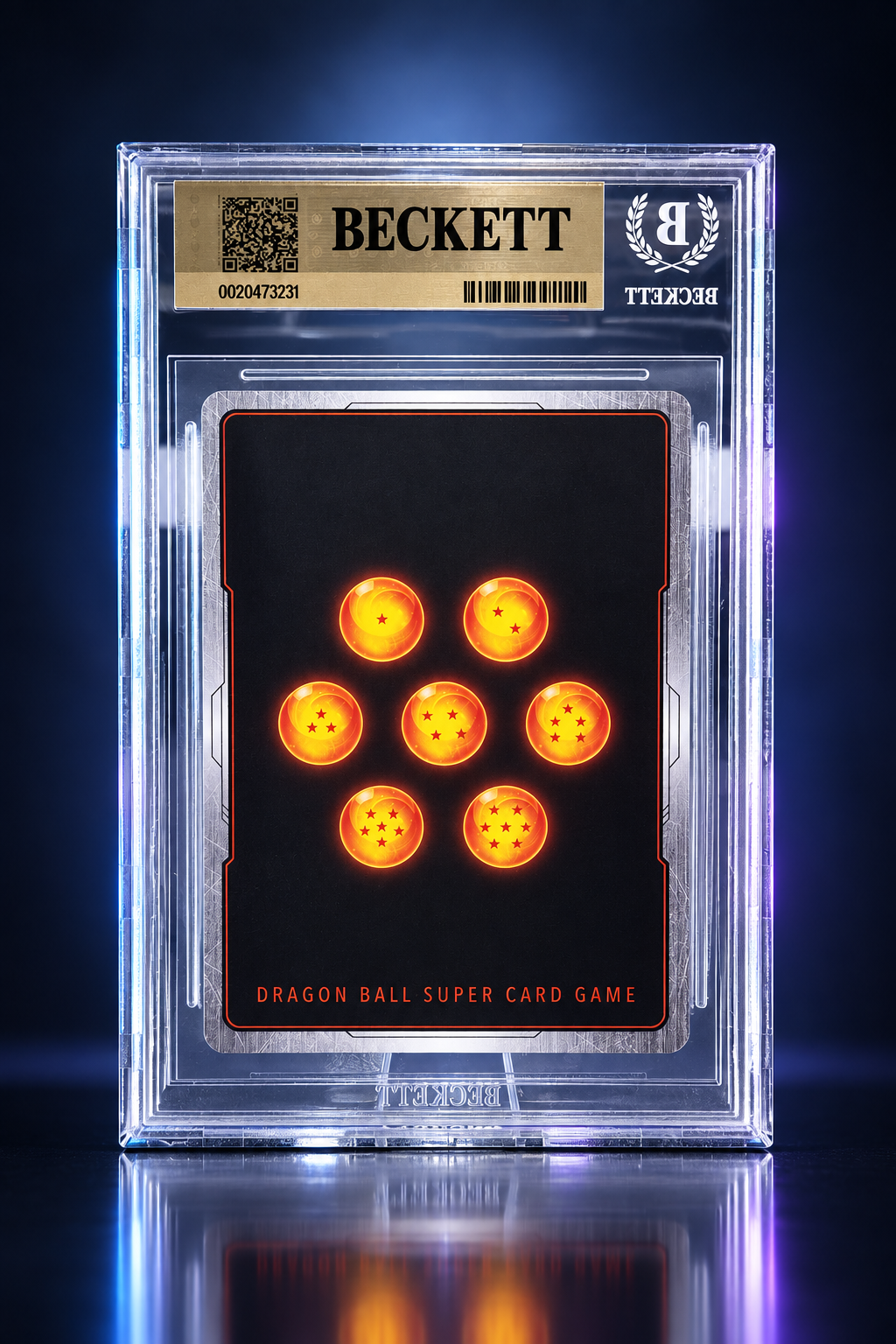 Retro della carta Dragon Ball graduata Beckett con certificato e sfere del drago su sfondo studio scuro