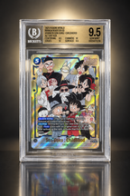 Fronte della carta Son Goku Childhood Alt Art SCR graduata Beckett BGS 9.5 su sfondo grafite e titanio
