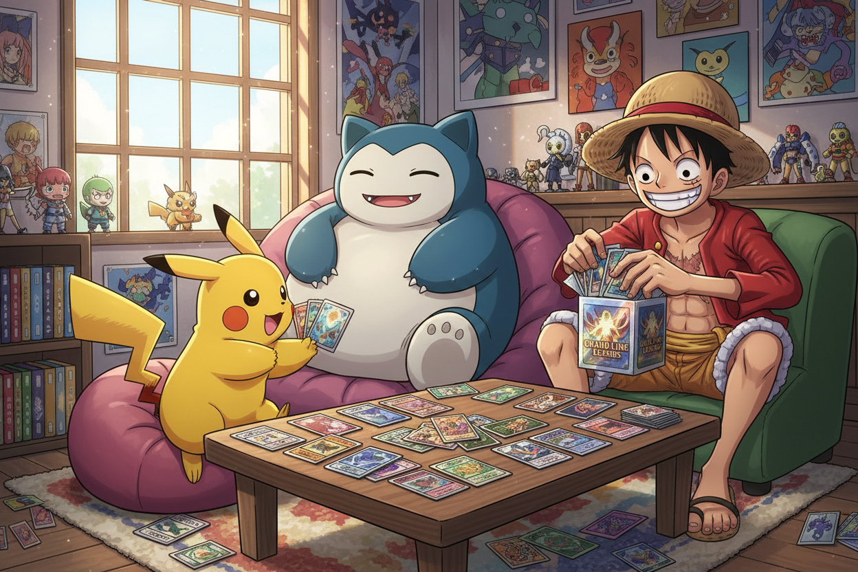 pikachu e snorlax che scambiano carte, luffy che apre un box